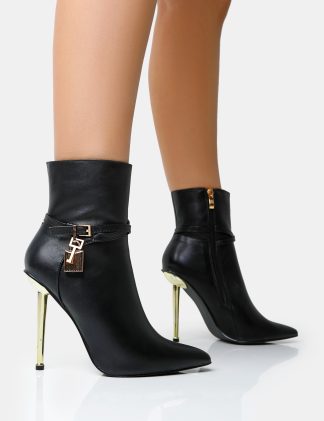 Jalan Black Pu Padlock Detail Pointed Toe Gold Stiletto Heel Ankle Boots