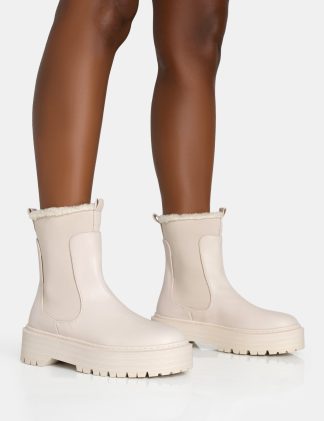 Alpine Cream Pu Faux Fur Trim Elasticated Ankle Detail Rounded Toe Chunky Sole Ankle Boots