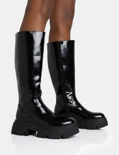 Scorpio Black Rubberised Pu Rounded Toe Chunky Sole Knee High Boots