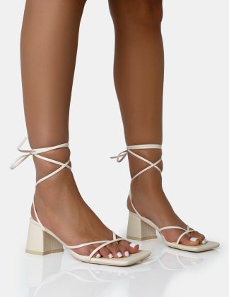 Casey Ecru Strappy Lace Up Square Toe Low Block Heel Sandals