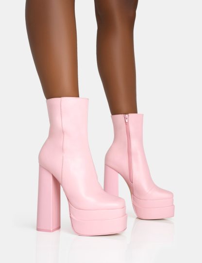 Supine Baby Pink PU Chunky Heeled Platform Ankle Boots