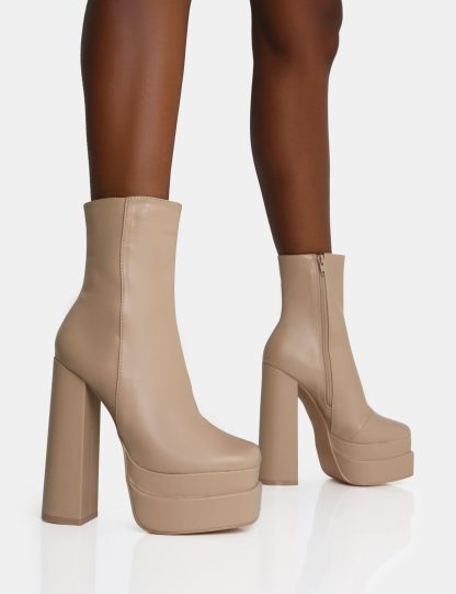 Supine Nude PU Chunky Heeled Platform Ankle Boots