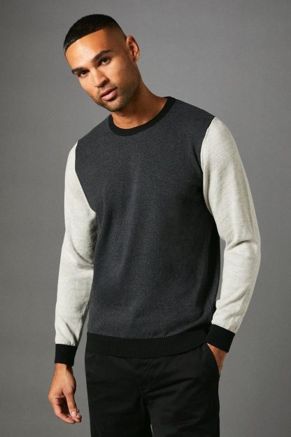 Mens Colourblock Cotton Crew Neck Jumper