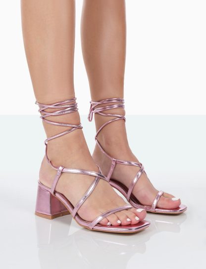 Mabel Pink Metallic Ankle Tie Block Heeled Sandals