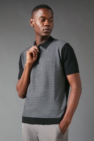 Mens Patterned Zip Knitted Polo