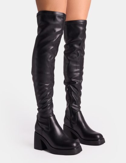 Sensored Black Chunky Sole Sock Over the Knee Boots