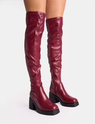 Sensored Burgundy Chunky Sole Sock Over the Knee Boots