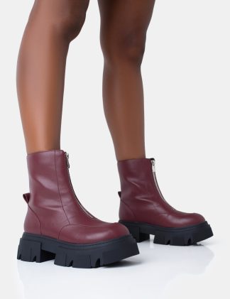 Bergen Burgundy Pu Zip Up Detailed Rounded Chunky Soled Ankle Boots