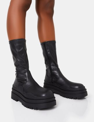 Cam Black Chunky Platform Round Toe PU High Boots