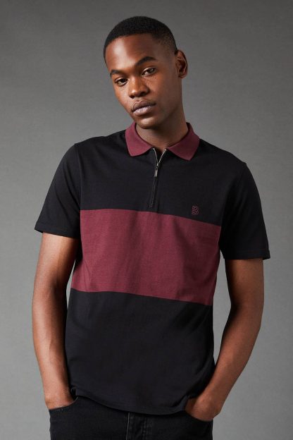 Mens Block Stripe Zip Neck Polo Shirt