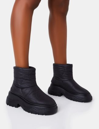 Frostbite Black Nylon Quilted Chunky Sole Ankle Boots