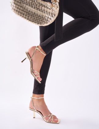 Idina Gold Crossover Strap Slingback Mid Heels