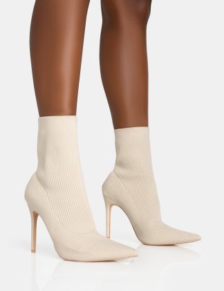 Mirival Off White Knitted Stiletto Sock Pointed Toe Ankle Boots