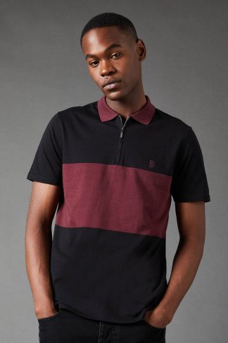 Mens Block Stripe Zip Neck Polo Shirt