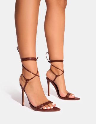 Merlot Chocolate Brown Lace Up Wrap Around Pointed Toe Stiletto Heel