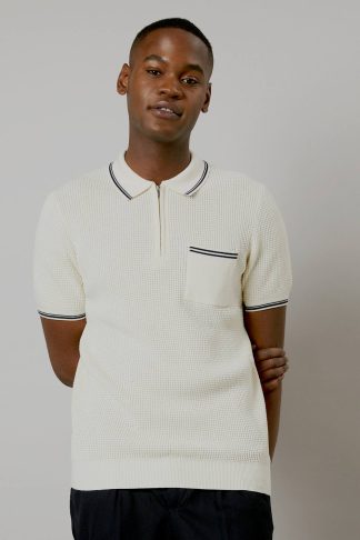 Mens White Waffle Textured Knitted Polo