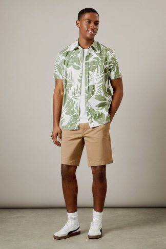 Mens Khaki Leaf Print Short Sleeve Shirt
