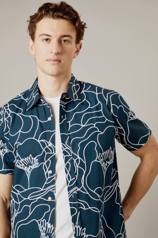 Mens Navy Sketch Floral Short Sleeve Shirt
