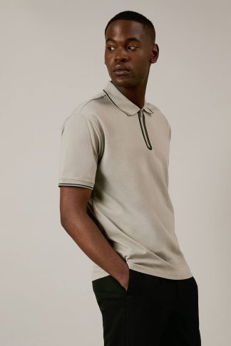 Mens Burton 1904 Silver Grey Mercerised Zip Neck Polo Shirt